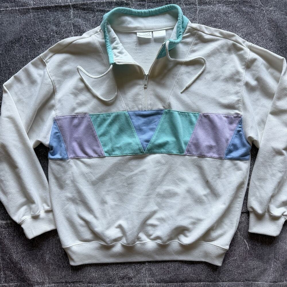 Women's Vintage 70's Jantzen White Pastel Teal Color Block 1/4 Zip Pullover Sz S
